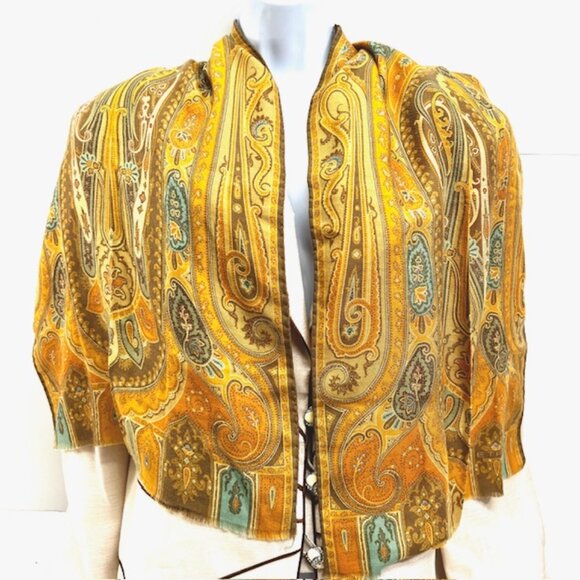 Vgt  ETRO scarf 70%Wool/39% Silk 56"x17" Rusty Gold Blue Paisley Fringed (37) - Picture 5 of 11
